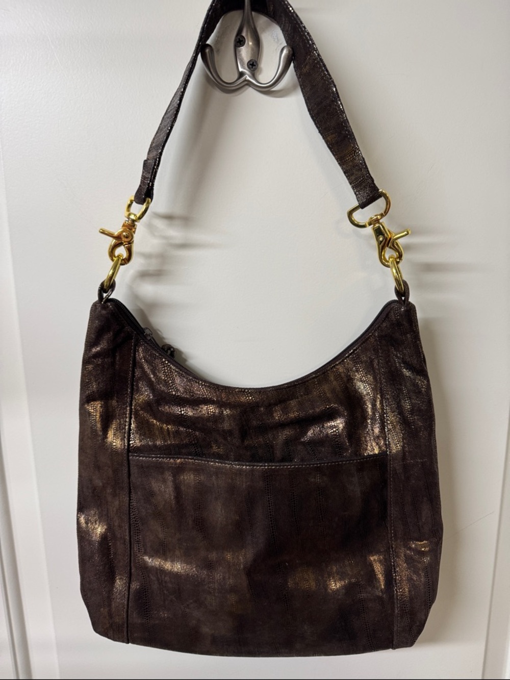 Metallic Dark Brown Leather Shoulder Bag with Gold Hardware